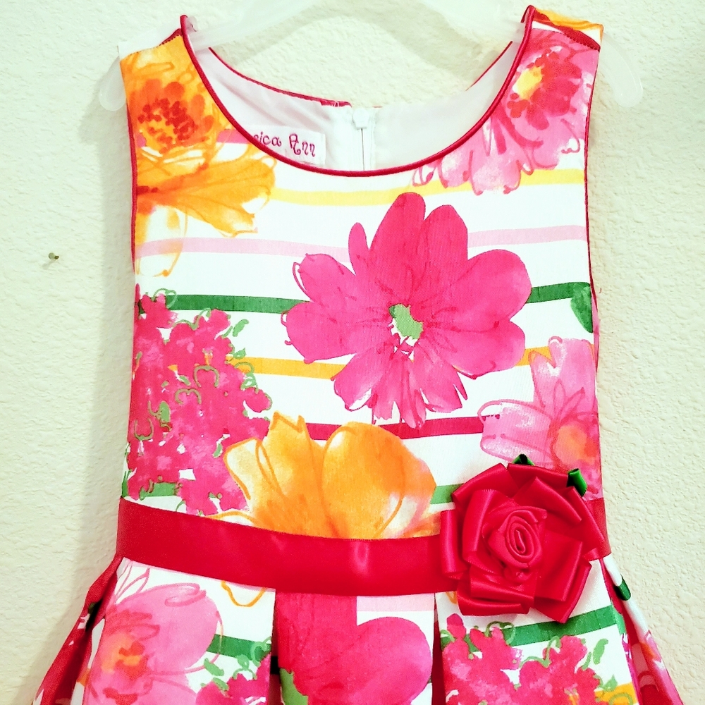 Jessica Ann Kids Dress Size 4 Floral Sleeveless Striped Girls Dress - Picture 2 of 7